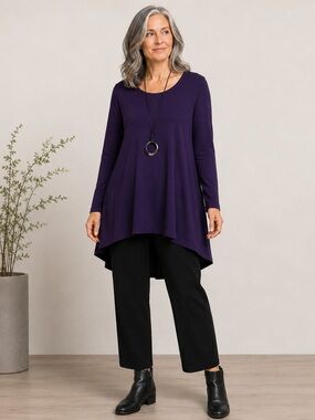 Bryn Walker Purple Bamboo Blend High-Low Swing Tunic Top Made in USA